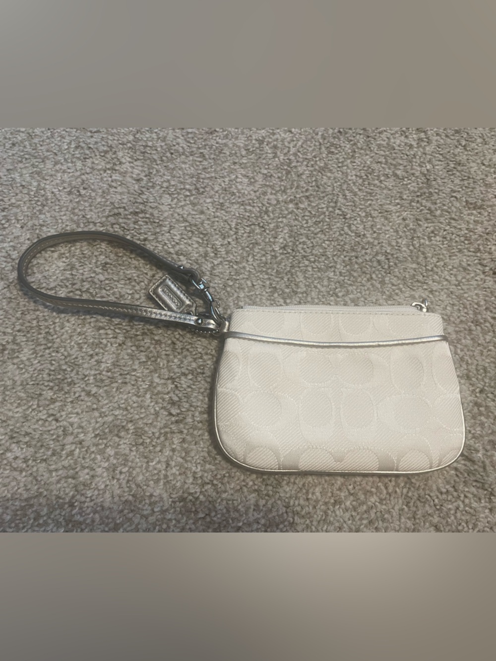 Coach Signature Small Wristlet in White with Silver Trim and Pink Inner Lining